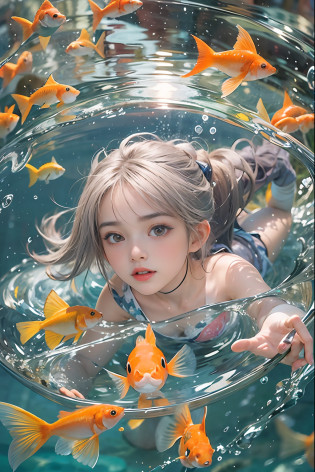 beautiful girl playing with bowls of water or fish, kids, having a good time, Fish, swirling schools of silver fish, Floating goldfish, Graphic illustration, see fishes swimming, Two hands reaching for the fish, goldfish, amazing depth, Cutest, curious, beautiful  Girl?Goldfish scooping, Bon dance?Open air at night shop, silver hair, split ponytail, star-shaped pupils, Conceptual art, Art Nouveau, glowing light, UHD, textured skin, masterpiece, anatomically correct, best quality, 8k