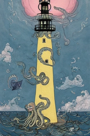 A giant octopus with big eyes holds a lighthouse in its tentacles painted by victo ngai, Alexander Jansson and Hieronymus Bosch