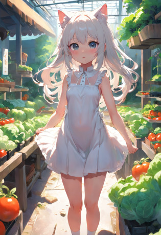 Sleeveless?Vegetable garden where anime cat-eared girl in white dress stands, Lori in a vegetable dress, small curvy loli, artwork in the style of guweiz, guweiz on pixiv artstation, guweiz on artstation pixiv, guweiz, small loli girl, soft anime illustration, Anime visuals of cute girls, Detailed Digital Anime Art, Sleeveless?