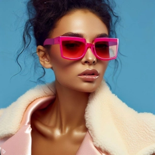 commercial portrait a beautiful multiracial girl in pink jacket, chiseled cheeks, tearful eyes, domina, low neckline, strapless, chocker, in the style of made of liquid metal, deconstructed tailoring, webcam photography, duckcore, bold curves, chinapunk, Jacquemus and moncler collaboration: white translucent fur sunglasses, hyper-realistic, detailed 8k