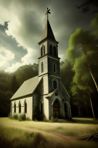 An abandoned old church in the middle of a movie-style forest hungry eyes award-worthy cinematic with an ultra realistic winged being well detailed masterpiece great quality with a dramatic overcast sky a little luminosity in the forest a little light on the church cross