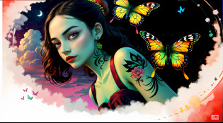 (Masterpiece: 1.2, high quality), (pixels: 1.4), (Song dynasty strokes: 1.4) (wide-angle lens, panorama: 1.2), (panoramic lens: 0.95), (panoramic lens, macro lens: 1.25), dynamic angle, perspective, high point, masterpiece, best quality, 8k, crazy details, complex details, super detail, super high quality, early spring willow leaves, often with rain and hate clouds, face like peach blossom March, implying amorous moon.  The slender waist is curled, the restrained swallow lazy warbler is lazy, the sandalwood mouth is light, and the butterfly chaos that tempts the bees crazy.  Enchanting jade, beautiful jade fragrance, tense shots (the sky glows red, visual impact, gives the poster a dynamic and visually striking look: 1.2), close-up, (analog lens, macro lens: 1.25), colorful colorful transparent smooth stones: 1.5, ultra-realistic and complex, body makeover, glowing tattoos, surreal tattoos, highly realistic and complex, tattoo art, detailed neon tattoos