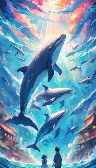 Painting of a flock of dolphins swimming in a colorful sea, Look up at the composition?sky whales, inspired by Cyril Rolando, dreamy psychedelic anime, colorful anime movie background, a beautiful artwork illustration, Authors?Sitao, colorful concept art, makoto shinkai cyril rolando, in style of cyril rolando, flying whales, High Definition Watercolor 8K, highly detailed watercolor 8 K?octane?Fine?Realistic?8K?Shinkai Makoto style( Reasonable design, Clear lines, High Sharpness,Best Quality, Very detailed, masutepiece, Movie Light Effects, 4K )