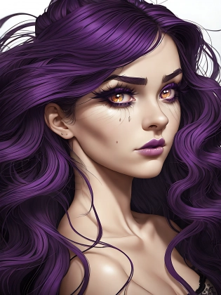 The girl is the centerpiece of the image, and every detail of her is rendered in intricate detail. Her hair is a deep shade of purple, falling in loose waves around her shoulders. Her face is angular, with high cheekbones and full lips. Her eyes are large and expressive, framed by thick lashes that fan outwards. She exudes a sense of strength and confidence, her body language conveying a sense of determination and purpose.