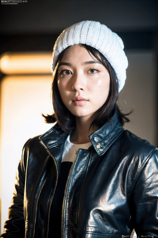 (
(8k:1.27), best quality, masterpiece, ultra highres:1.2) Photo of Pretty Japanese woman
 (beautiful:1.1) (sci-fi warrior woman:1.1) space soldier, (beanie:1.61) (leather jacket:1.21) intricate elegant, fantasy, detailed, ometric by greg rutkowski and alphonse mucha, gradient lighting