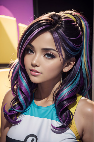 En un mundo virtual, una gran cantidad de datos pasan zumbando en todas direcciones., En el centro de la imagen, una mujer muy hermosa con un peinado colorido y un mono de colores brillantes mira el mundo que la rodea.. (La mejor calidad)  obra maestra ((pechos muy grandes)) ((cabello rubio)) (cuerpo delgado)