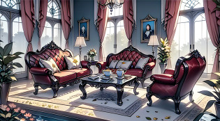 calm afternoon, and the sun was shining brightly?well-illuminated, Use computers for indoor learning, A small amount of the Tyndall effect, water light, European court, Retro, Cold and gorgeous carvings, Engraved Baroque style, Rococo sofa, hugging pillow, coffee table, Cabinet with obvious viewing angles, A small number of starry skies, Smooth floor, chandelier, warm chair, white chair, flower, cold, deconstructivism, court style, a large sofa, no stool, tea party, fairy tale warm color, warm color, dark red leather material, warm and calm