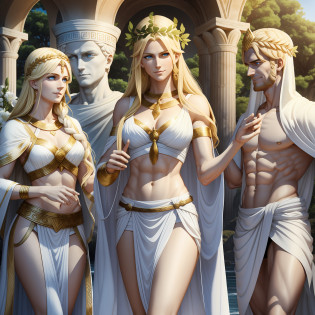 (two) goddesses and (one) male god are just arrived at Mt.Olympus, 