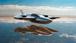 Futuristic spacecraft flies over water, editorial style photo, shiny reflective --ar 16:9 --s 1000 --v 5. 1