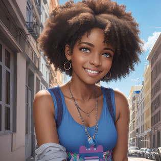 there is a woman with a blue top smiling for the camera, by N�ndor Katona, with afro, curly afro, by Maria Helena Vieira da Silva, short curly dark hair smiling, looks like fabiula nascimento, inspired by Maria Helena Vieira da Silva, by Almada Negreiros, short black curly hair soft and soft lighting, soft pastel colors, young scottie,  3D blender rendering, polycount, modular constructivism, pop surrealism, physical-based rendering --auto --s2