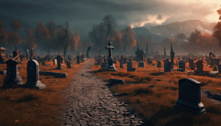 there is a cemetery with a lot of tombstones in the background, alexey egorov, by Eglon van der Neer, bussiere rutkowski andreas rocha, eerie nostalgic concept art, background artwork, by Otakar Kub�n, martin raphael lacoste, graveyard landscape, graveyard background, graveyard, cemetery, stefan koidl inspired , realistic, hyper realistic, super realistic with pictures burned down