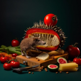 photrealistic studio photo advertising of a sandwich with brown bread, melted cheese, pickle slices, tomato slices, and as the main ingredience, hedge hogs. All doen in the style of a musical show --v 5