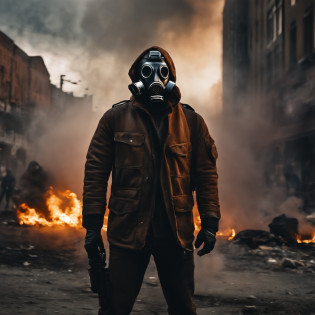 (best quality,4k,8k,highres,masterpiece:1.2),ultra-detailed,realistic,photorealistic:1.37),rebellious,masked,rebel,latex gas mask,unrest,dangerous rebellion,rebellious hairstyle,defiance,warrior,graffiti,urban landscape,worn-out clothing,protest,anarchy,gritty texture,revolution,street art,smoke-filled streets,bokeh,moody lighting,streetlights,fiery sky,ominous atmosphere,vivid colors,dystopian,troubled times,social unrest,political upheaval,discontent,expression of dissent,masked uprising,urban decay,defiant gaze,masked resistance,strong stance.