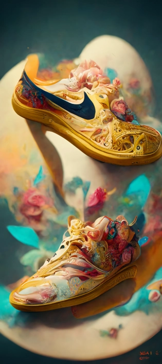 a stunning interpretation of nike shoe sneaker made of petals, advertsiement, solarpunk, highly detailed and intricate, golden ratio, very colorful, hypermaximalist, ornate, luxury, elite, good vibes, oil painting, cinematic, cgsociety, James jean, Brian froud, ross tran --ar 9:21 --uplight