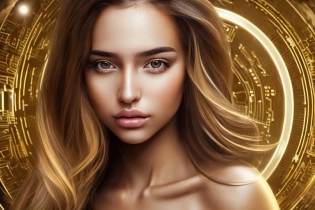 digital art, most beautiful 20 year old girl in the world, golden brown eyes, long hair, beautiful girl face, Latina, sexy, tight gold dress, dress has a medium sized bitcoin logo, celestial background, volumetric fog, sexy legs, toned muscles, Hyperrealism, breathtaking, ultra realistic, unreal engine, cyber background, cinematic lighting, breathtaking view, stars and planets background, photography, stunning environment, wide-angle, 4K, hyper realistic, Instagram filters, beautiful princess, ((runway walk)), (instagram model), ((walking)), ((tanned skin:1. 2)), (blush), long hair, (freckles:0. 75), detailed symmetrical face, (medium blonde hair:1. 2), (ponytail hair:1. 2), (makeup), (red lipstick), (shiny lips), (white sclera), (strong jaw), prominent cheekbones, (sweat), detailed lighting, rim lighting, dramatic lighting, chiaroscuro, ((white bra:1. 2)), dramatic, breathtaking view, trending on artstation, ((trending on instagram)), --v 4,