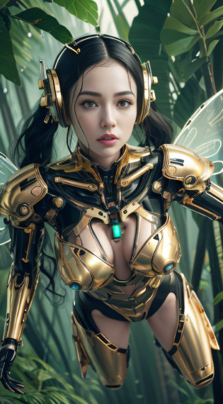 Woman naked with futuristic glass mechanical wings, only in gold body jewlry float in air like cyberpunk fairy, flying on the jungle, ultra Detailed face, ((flying girl)), ((flying on the si?, above the green wild jungle)) ((girl flying in the sky on the futuristic)), She flying, flying like cyberpunk fairy, Highly Detailed Face and Skin Texture, big green eyes, juicy lips, bimbo lips, white skin, pale skin, fair complexion (very curly Black hair), (pale skin), Detailed Eyes, Double Eyelids, wet curly black  hair, gold metal cyberpunk tapes, metal Collar, metal gold futuristic ((vaginal piercing)), gold jewelry on wet body, wet skin. She is naked, puffy medium breast, gold substance on the naked breast, naked, White skin, she is on the futuristic cyberpunk flying disc drone in the jungle, futuristic cyberpunk pilot helmet on head. Piercing in the nose. (Full body), ((dynamic posture))