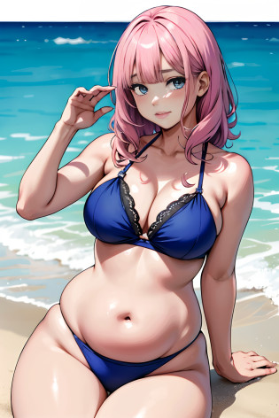 (tmasterpiece:1.4)?(premier quality:1.4)? 1fille dans, Bikini a la plage, qui essaye de faire des abdos, gros ventre, tired, exhausted, trop dur, effort, big belly rolls,  seulement , Cheveux courts , frange,Realstic,(peau brillante),pink lips, anime character, Anime Moe Artstyle, , mignon anime fille, yeux bleus, elle a faim, elle se goinfre, elle va prendre du poids, ventre est trop gros,Handles of small love handles, slightly fat belly seen behind, vu de dos, vue des fesses et du dos , Cul mignon, Installation exotique, sexy