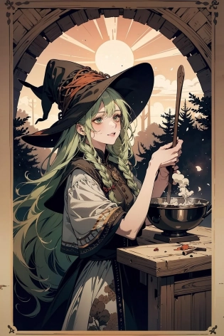 (masterpiece, top quality, best quality, official art, beautiful and aesthetic:1. 2), (1girl:1. 3), long hair, light green hair, braid sidelocks, extremely detailed, (style-swirlmagic:1. 0), portrait, looking up, solo, (full body:0. 6), detailed background, detailed face, (renaissance theme:1. 1), warm smile, forest witch, wearing (color:0. 7) witch hat, armbands, , rustic hut in the forest, indoors, cluttered dirty kitchen, parchment, kitchen mortar, steaming iron cauldron, poison, incense, small boxes on shelves, small sacks, corked bottles, spices, mushrooms, beads, casting spell, (green:0. 7) magic light, floating particles, sunset, low light, dutch angle