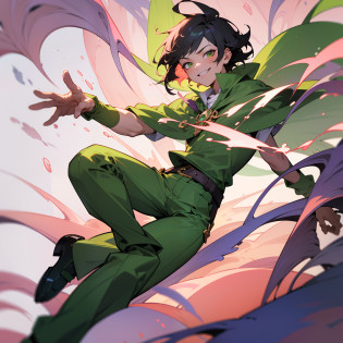 ((1 MALE)),((masterpiece, top quality,4K, best quality)),art,detailed face,((DETAILED FACE,lime green eyes,green flowery beautiful shirt,beautiful pants,green long feathery cape,green shoes,DARK PINK SHORT HAIR)), fullbody, full body, splash screen, (swirling background, dynamic scene),colorful plants and vines and flowers backround,DEITY OF SPRING,flowery vines everywhere,fairy land backround,SMUG FACE,evil smile,magical flowers and plants around him,((SPLASH ART)),((TEEN BOY)).
