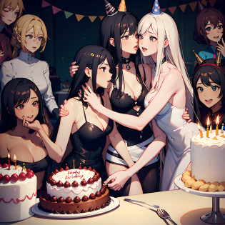 5girl, birthday party, orgy, all , sex, lesbians, black hair, birthday hats, latinas, sexy poses, cake, Chao's, kissing lips, birthday background, far away, blond hair, birthday cake, photo next each other, table with cake, birthday theme, all smiling,