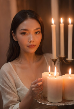 The woman holds a tray?There was cake and candles inside, holding a candle, candle lighting, lit candle, lit with candles, candle wax, luz de velas, Candlelight, in a room full of candles, natural candle lighting, Candle, 8 k sensual lighting, Drip candles, with backlight, floating candles, soft warm light, room full of candles?Woman wearing underwear?The woman has an Asian face?Behind her was a black man wearing only underwear with his arm around her