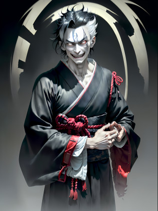 ((highest quality, masterpiece, 4k, finely detailed, detailed eyes, detailed face, gelbooru, pixiv)), warm lighting, ((solo)), 1 male, handsome, male, adult male, closeup face, ((black hair on chin)), portrait, smiling with fangs, looking at the viewer, ((lazy eyes, semi-eyelids, tired eyes, ((lifeless eyes)), wearing feudal Japanese clothes, standing, scary and sinister appearance. Their skin is pale and almost translucent, with dark veins visible all over their body. His eyes are completely white, with no irises or pupils, conveying a blank and menacing look. He has a wide mouth full of sharp teeth, which extends from ear to ear, creating a disturbing smile. Her hair is black and disheveled, falling over her face in a disheveled fashion.

Hikari no Oni has a lean, slender body with long limbs and claw-sharp fingers. He wears dark, torn clothes, adding a somber air to his appearance. Their presence is intimidating and conveys a sense of imminent danger.

In short, Hikari no Oni has a creepy masculine appearance, with pale skin, white eyes, and a menacing smile. Her black hair and torn clothes complete her dark and sinister image.