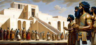 a painting of a group of people in front of a building, pisoteando uma cidade antiga, Zigurate, epic biblical representation, in a major mesopotamian city, historical artistic depiction, cena palaciana, ishtar gate, Directed by: John Moonan, Sumerian, Pintura de Golias, ancient mesopotamia, Reis antigos em vestes brancas