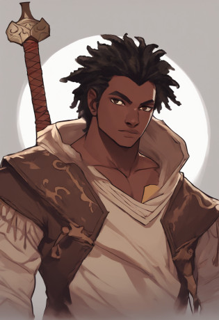 dark skin teenage man, handsome, thick black dreadlock hair, brown eyes, slender, strong, spearman, handsome, anime, lion ears and tail, demon slayer artstyle