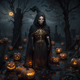 (Numerous award-winning masterpieces, with incredible detail, textures and maximum detail), (hyper realistic:1.4), (realistic:1.3), (draw the whole body:1.7), (The head is made of a pumpkin: 1.8), (upper body up:0.3), (Top quality realistic textured pumpkin), (Eyes carved into a pumpkin that glow red and scary), (Horrible jack-o-lantern face: 1.4), (Aesthetic and decadent image:1.7), ((medieval world)), (Pumpkin Head Pumpkin King: 1.7), (halloween pumpkin king:1.7), (scary look), (nasty smile on her face but her eyes aren't smiling:1.3), (He is holding an old lantern in one hand: 1.5), (There are many small jack-o-lanterns around, emitting a faint glow: 1.7), (There are many mysteriously shining Will-O-The-Wisps around: 1.8), (Wears a dark black robe with intricate patterns:1.4), (Eyes that glow red in the dark), (Dramatic Light), pumpkin field, (A majestic sight), (Magic Circle of Ominous Shine:1.6), A frightening face that intimidates those around you, (Behind the shoulders is a ragged black cloak with modest but rich embroidery:1.3), (whole body image:1.7), sharp long claws, (Followed by Skeleton Reaper: 1.4), (((dramatic photo))), (twilight), (sunset), (dark night), ((dramatic pose)), (flamboyant photo), (The stars are shining in the sky and the full moon is out:1.4), ((looks up)), ((looking down)), (draw the whole body:1.7), (Around her neck is a simple necklace of exquisite workmanship), Forgotten Tomb Overgrown with Vegetation, Great Tomb, Underground Labyrinth, Evil Temple Ruins, Sacrificial Temple, Mysteriously, Ancient Castle Ruins, Deserted Graveyard Ruins, Crumbled Ancient Tomb, Stagnant Water Ancient Ruins, Swamp Ruins, Shining majestic cloud masses and sky, lightning bolt, epic realistic, faded, art, (Greg Rutkowski:0.8), (teal and orange:0.4), (art station:1.5), cinematic, ((neutral colors)), (hdr:1.5), (muted colors:1.2), hyper detailed, dramatic light, (intricate details:1.1), complex background,