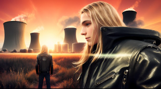 BOYS 14 YEARS OLD, PORTRAIT, CLOSE UP, WITH LONG BLONDE HAIR, WITH BLACK LEATHER JACKETS AND BLACK CLOTHING, nuclear power plant with radioactive barrels in a field, nuclear wasteland, nuclear waste, post-nuclear fallout, future of nuclear energy, nuclear fallout, radioactive wasteland, nuclear energy, nuclear energy, nuclear reactor, nuclear aftermath, post-nuclear, nuclear power plant, nuclear,  radioactive particles, nuclear art, toxic waste, polluted, radioactive peak field, pollution, RED BACKGROUND.