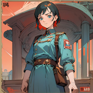(masterpiece), (best quality), (best detail), (distant general view), (postage stamp),(main color of illustration: saturated red), (secondary color: pastel blue), a military teenager with defiant posture, very detailed face, vintage advertising poster with Soviet-style lettering 60', futuristic western scenario, daytime (radiant sun), shading (detailed, much contrast), very saturated pulp colors