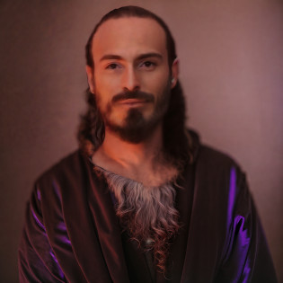 arafed image of a man with a purple robe, close-up portrait of a wizard, portrait of a wizard, portrait of a wizard, male wizard, magician's hat cinematic lighting, male wizard, wizard wizard