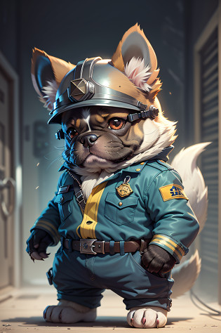 C4tt4stic, Cartoon French bulldog dog in American firefighter uniform and helmet?Body hair is black?The specifics of the appearance of the French Bulldog?