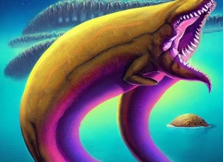 A psychedelic This velvetine monster looks like a mosasaur and a lotus. It has a amber colored body, giant ears and a glowing nose. It can be found in the ocean and is aggresive to other REDACTEDMON. , vibrant color scheme, highly detailed, in the style of romanticism, cinematic, artstation, Moebius, Greg rutkowski