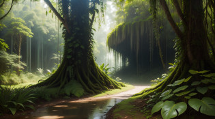 an image of a jungle scene with trees, paisagem da selva, bela paisagem da selva, Selva como pano de fundo, selva de fundo, Selva bonita, selva de fantasia, fundo da selva, Fundo verde da selva, fundo da floresta tropical, selva densa, natureza da selva, selva tropical, Selva Verde, floresta tropical, floresta profunda no fundo, the background is lush jungle, Floresta, pintura misteriosa da selva