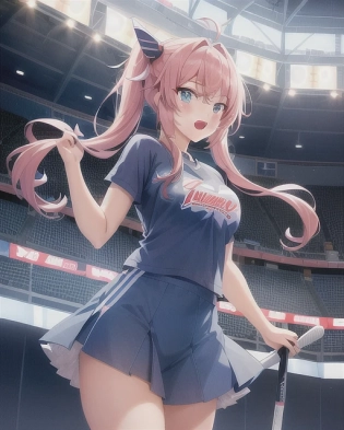 girl, happy, twin drills, cute, best girl hair, ice hockey player, stadium, indoors, hockey outfit, helmet, puck, nets, hockey stick, fans cheering, roof, goal. anime, professionally color graded, HDR, anime face, 1girl, face by Artgerm, Greg Rutowski, volumetric lighting, bright bursting colors, intricately detailed outfit, dynamic pose, octane engine, anime face