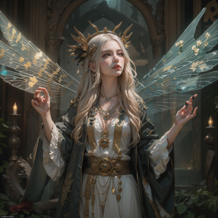 (Numerous award-winning masterpieces, with incredible detail, textures and maximum detail), (full-body standing image:1.8), (upper body up:0.3), (hyper realistic:1.4), (realistic:1.3), (best quality real texture skin), (Beautiful fairy high rank wizard: 1.7), (holds a long wizard's staff that is elaborately decorated and emits a mysterious light: 1.7), (finely detailed true circle Symmetrical eyes), (finely drawn beautiful face), ((medieval world)), (Wearing a wizard's black hat: 1.6), (A jet-black cloak with delicate decorations: 1.6), (A cloak with delicate decorations, although it is damaged and faded: 1.5), (full-body standing image:1.8), (Beautiful clear eyes), (slight smile), (beautiful colored eyes full of joy), (Advanced fairy wizard who releases magic from his fingertips: 1.3), (Shining majestic cloud masses and sky:1.4), (Magic circle that emits light strongly: 1.3), Dramatic Light, majestic sight, (There are 4 large transparent wings of a dragonfly behind the shoulders: 1.7), (((folded wings))), Glass earrings on the ears, (((dramatic photo))), (full-body standing image:1.8),  (golden hair), (silver hair), (chestnut hair), Short cut hair, ((looks up)), ((looking down)), (Around her neck is a simple necklace of exquisite workmanship), Old ruins infested with plants, great temple, great cathedral, temple ruins, detached temple, (Luminous magic circle), Ruins of an ancient castle, Deserted ruins, crumbling ruins, Ancient ruins with clear water, highly detailed, ultra-realistic, intricate details, painting (artwork), ((masterpiece,best quality)), ((cinematic light)), hyper realistic, fearsome, dark fantasy, Sacred Light, epic realistic, faded, ((neutral colors)), art, (hdr:1.5), (muted colors:1.2), hyper detailed, (art station:1.5), cinematic, warm lights, light effect, dramatic light, (intricate details:1.1), complex background, (Greg rutkowski:0.8), (teal and orange:0.4),
