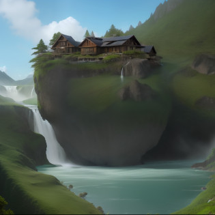 Be transported to a mystical island, where waterfalls flow upwards, And the mountains are made of glass, Cozy two-storey house flies over the green shore, photo realism, cinema, 8K