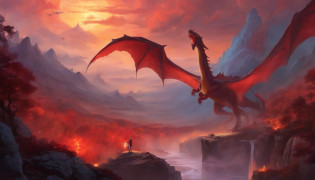 Painting of volcanic territorial border and red dragon in the sky, battle with dragon, dungeons and dragons art, epic fantasy art, epic fantasy game art, d & D Arte Digital Fantasia, Epic Fantasy Digital Art Style, Dungeons and Dragons Arte de fantasia, d & d fantasy art, epic fantasy painting, d & d fantasia pintura digital, surpreendente d & D arte