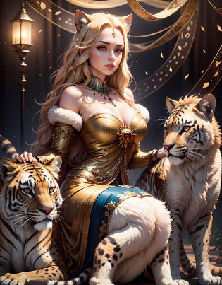 Content: A royal princess adorned in lavish attire, surrounded by fierce and majestic wild cats such as lions, panthers, leopards, and tigers
Medium: Studio photography with meticulous attention to detail and high-quality lighting techniques
Style: Fashion-forward and opulent, showcasing the intersection of regality and untamed beauty
Lighting: Intimate and dimmed lighting, creating an enchanting and alluring atmosphere
Composition: The princess is positioned at the center of the frame, exuding confidence and elegance, while the wild cats are strategically placed around her, capturing their power and grace. The intricate luxury interior enhances the sense of grandeur and sophistication. The overall composition evokes a sense of harmony between the princess and the wild beasts, highlighting their mutual respect and strength. The studio light accentuates the fine details of the princess's attire and the majestic features of the wild cats, creating a visually captivating and high-fashion aesthetic. This photography captures the essence of a powerful and captivating woman surrounded by untamed beauty.