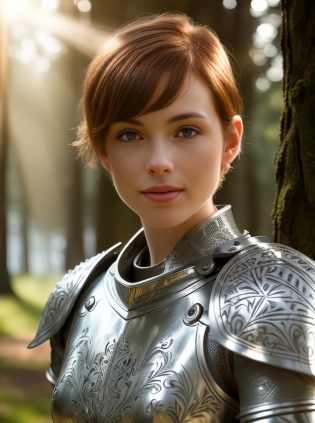 portrait of Beautiful young woman, short red hair, cropped hair, freckles (((wearing highly detailed etched silver knight armor))), decorative etching across surface (Masterful Digital Artwork:1. 3) of (Ultra detailed:1. 3), (raw photo ((ultra-detailed)), dark forest scene, angelic face((ultra-detailed)), ((photo)), (messy short hair), ((ultra-detailed)), dark silver-blonde hair, green eye, bokeh, Hasselblad, Zeiss lens, F1. 4, god rays, volumetric fog, sun set behind trees, light dapples