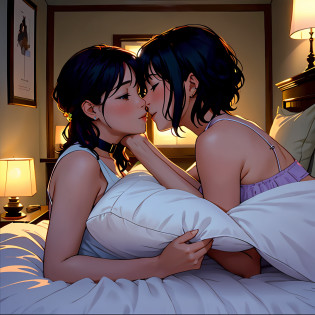 arafed lesbian couple kissing on a bed in a bedroom, making out, perfect movie shot, most memorable scene, love scene, movie screen shot, the most beautiful scene, kissing together cutely, they are in love, full scene shot, very perfect position, beautiful scene, from a movie scene, best scene, realistic movie still, perfect scene, favorite scene