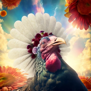 a photorealistic portrait of a goofy comical turkey, surrounded by angela in heaven, beautiful photography, floral borders, high resolution 8k realistic high definition, radiant, cinematic, angelic, masterpiece, radiant, volumetric clouds, highly detailed, cosmic, dramatic lighting --v 4