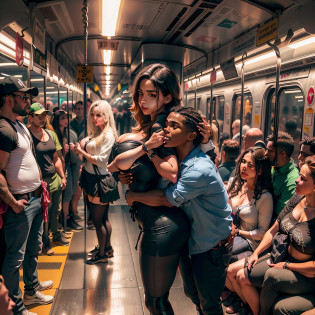 (ultra realistic, 8k, master part, foto RAW de melhor qualidade, HDR, luz perfeita), ((( ((homem jovem da cor negra 14 anos)) behind ((mulher na minissaia sexy))))). Very crowded train scenery), SFW, Realistic, master part, VERY crowded subway train interior detailed scenario, VERY crowded subway train interior detailed background, loira suecia insanamente quente (Mulher 1) useo minissaias sexy, (bunda gree), (Gordura thigths), (fear expression), rosto corado, 14-year-old black ass groping woman 1 from behind,(((loira pressioneo seu peito na mulher 1 costas))) e (((I hold her waist behind her))) information