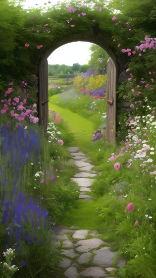doorway to a field of wild flowers and a path through it, near a stone gate, cottagecore, cottagecore flower garden, in a cottagecore flower garden, overgrown with flowers, delightful surroundings, portal to another world, nature and floral aesthetics, walking out of a the havens gate, overgrown place