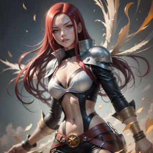 Create a semi-realistic image with oil painting of the character Erza Escarlet from the Fairy Tail anime