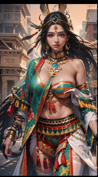 A Japanese woman walking in the city?Buildings?A plant?ssmile?Mixed Korean?The background is blurred out?focal??????(((tmasterpiece))), ((best qualtiy)), ((Complex and detailed)), ((ultra-realistic realism)), Ridiculous resolution, A MILF, Mature woman, ssee-through, highly  detailed, illustratio, 1girll, (huge tit), Thin waist and thick hips?long leges?beatiful detailed eyes, short detailed hair, brunette color hair, a purple eye, (Indian costumes:1.2)?Headdress Eagle Feather Crown?Traditional Indian costumes?Indian tribes?Indian totem?Totem tattoo?Indian ornaments?Indian colorful costumes??No underwear??pantiess, detailed back ground, perfect  eyes, Seductive eye, looking at viewert, From the front?Wear light?