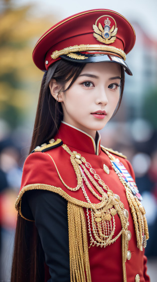 ((Realistic lighting, Masterpiece: 1.3)), (raw photo:1.2), Hyperrealist portrait Beautiful Chinese girl, 20 years old, ((skin white: 1.6)), beautiful eyes, very detailed eyes and face, (full real formal crimson red military uniform), (military cap), ((high rank)), military cape, charming cute face, natural makeup: 1.2, (military saluted pose), chignon, Best quality, 8K, professional photography, (full body), military parade background