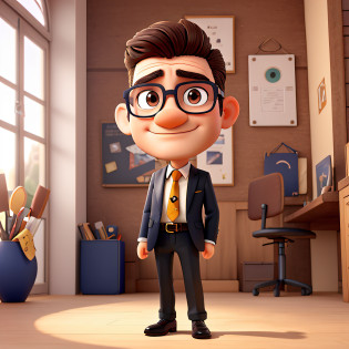 Mignon petit investisseur masculin de 38 ans , huge head, shooting Cut hair , wear round glasses with fine gold frames, highly detail eyes?Face avant, convenir, looks like a boss, full body view, Very detailed hands ?Figurines de jouets,Best quality, 3d cartoon?full body view, fantaisie, onirique, surrealism, super mignon, Tendances sur ArtStation