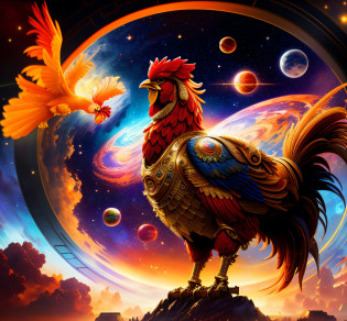 Masterpiece, best quality, intricate details, octane rendering, 8k, huge elegant rooster, galactic rooster, bionics, cyborg, robot, photorealism, impasto impressionism, pino daeni, Leonid Afremov, space, stars, planets, satellites, nebulae,